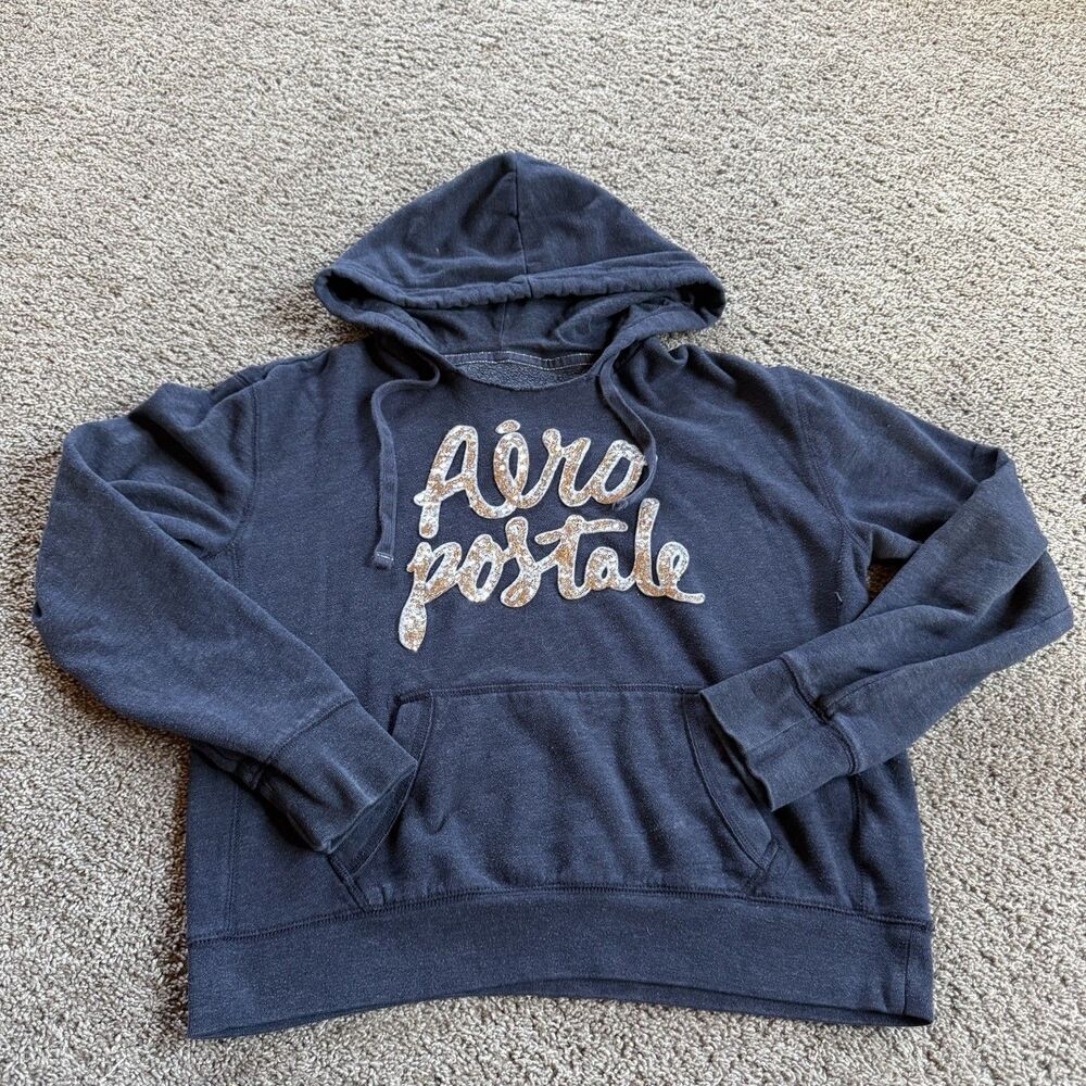 Aeropostale Womens L Blue Sparkle Spell Out Hoodie Y2K 2000s Pullover Sweatshirt